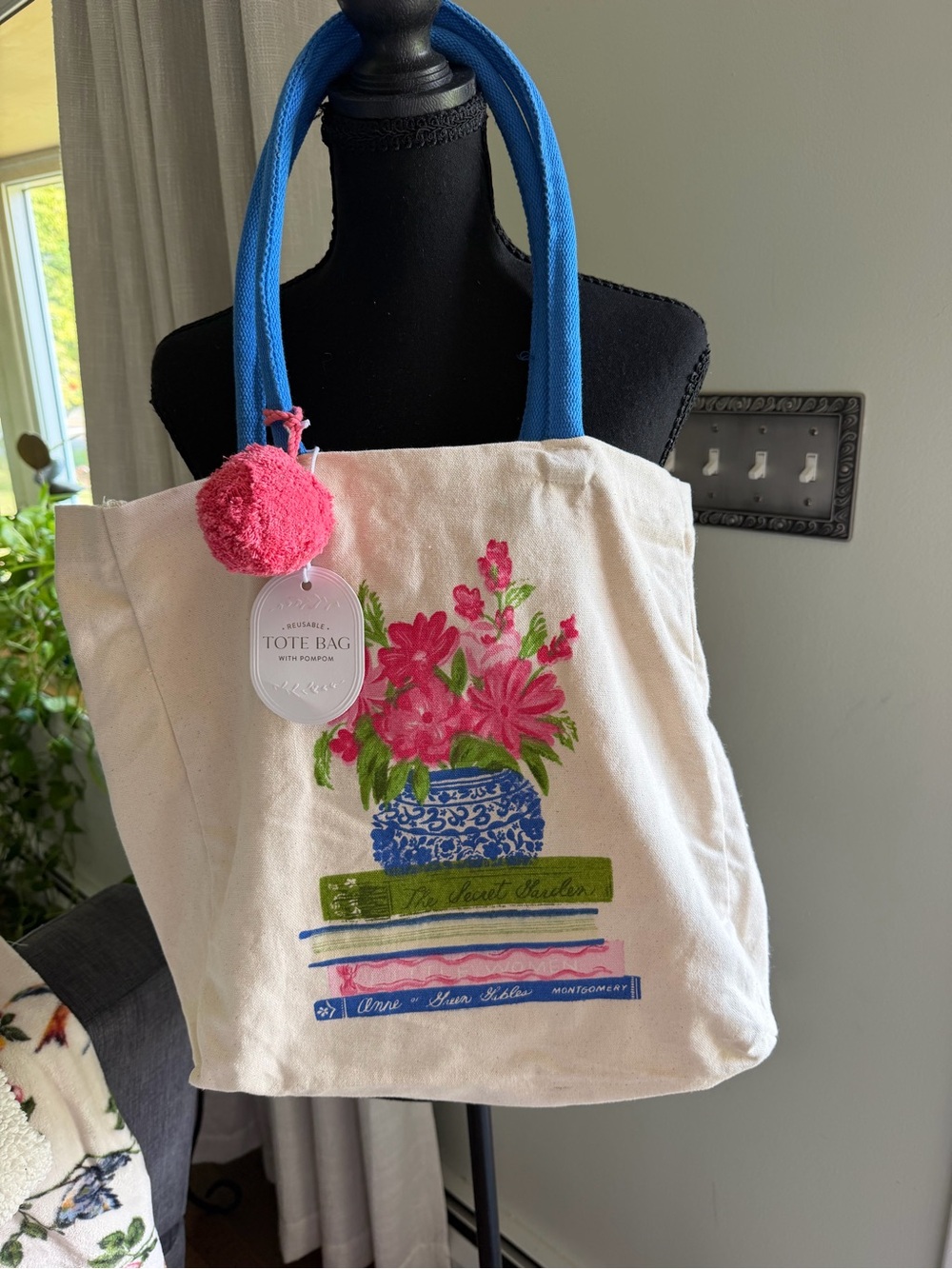 Floral Canvas Tote Bag with Blue Handles GREAT FOR BACK TO SCHOOL Books